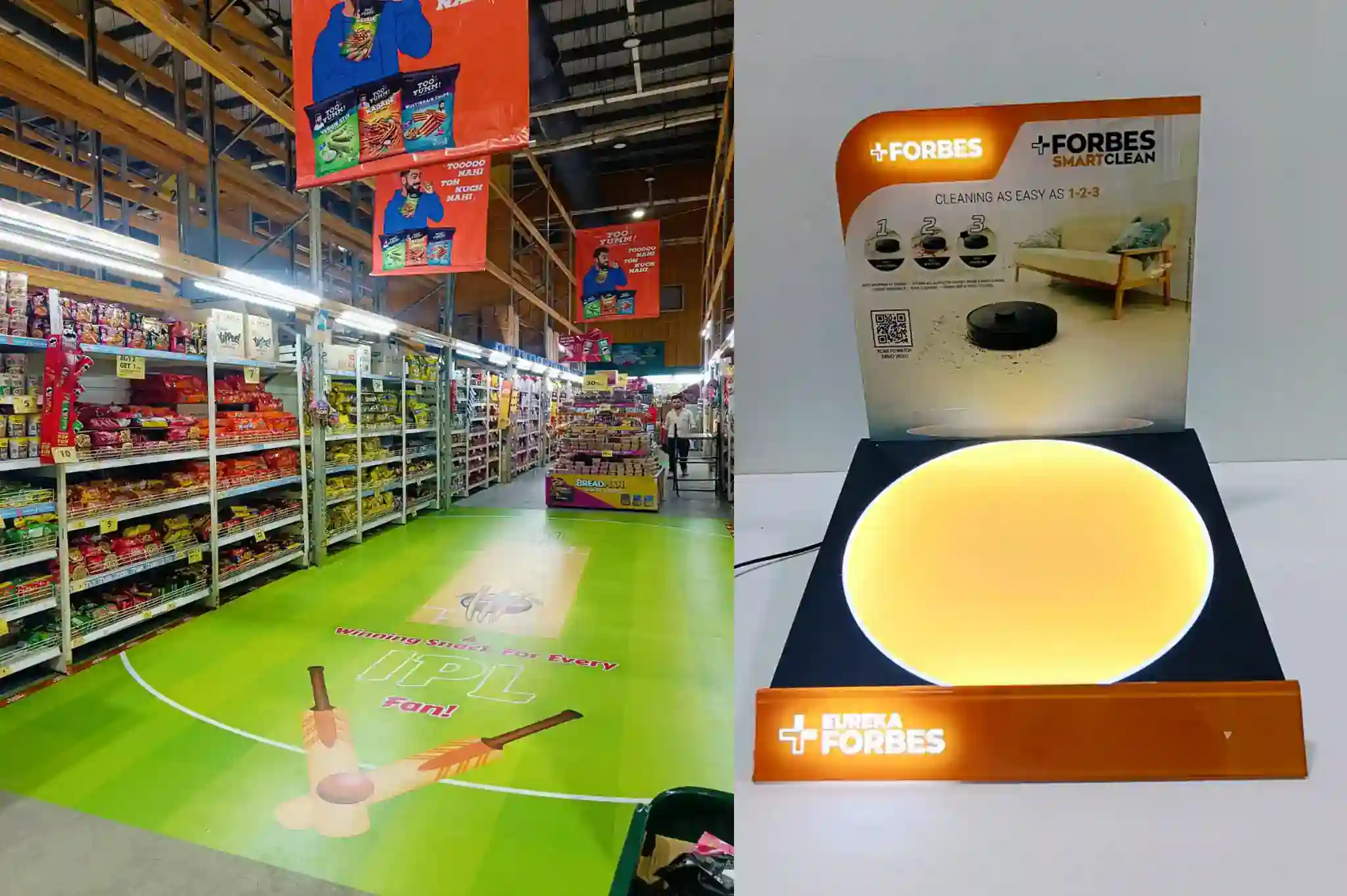 Retail store showcasing professional POSM solutions including floor branding, aisle activation graphics, and illuminated standee displays designed for high-impact in-store advertising, brand visibility, and customer engagement across modern retail environments.